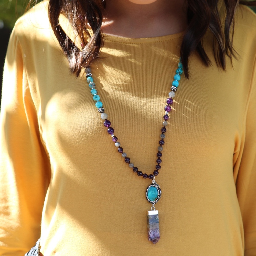 Bondhu amethyst and turquoise mala necklace